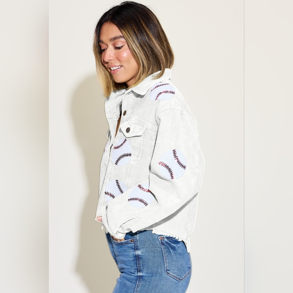 Baseball Sequin Dropped Shoulder Raw Hem Jacket - Picture 3 of 5